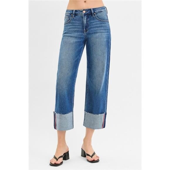 RISEN Full Size Tummy Control Mid Rise Crop Wide Cuffed Jeans Plus Size - Picture 1 of 4